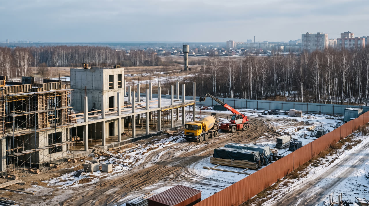 Строительная площадка на окраине западносибирского города поздней осенью: монолитный каркас, миксер, телескопический погрузчик